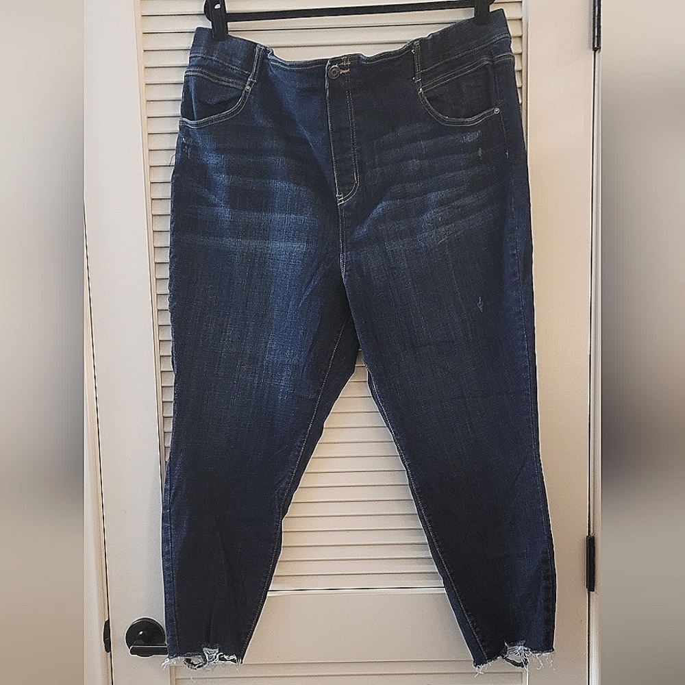 Terra & Sky - (Plus-Size) Blue Distressed Jeans With Raw Hem & Pockets